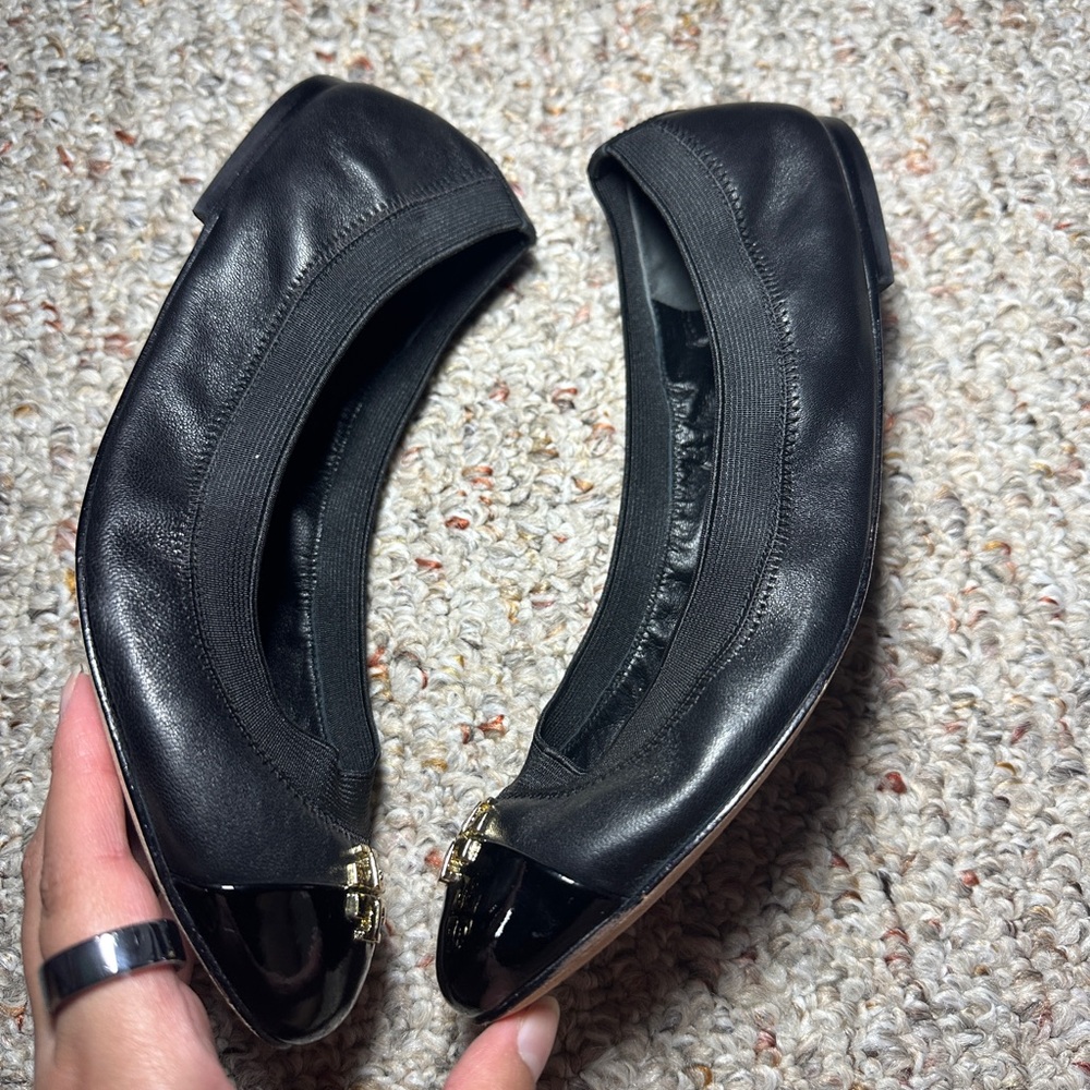 Tory Burch Black Flats with Gold Logo - Picture 3 of 4